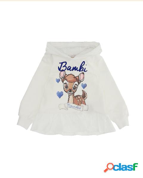 Felpa bianca con cappuccio e maxi stampa Bambi con cuori