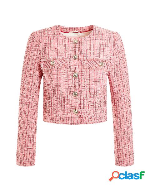 Giacca corta rosa in tweed di misto viscosa con scollo tondo