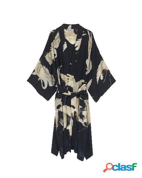 Kimono lungo nero in crêpe di misto cupro e modal a