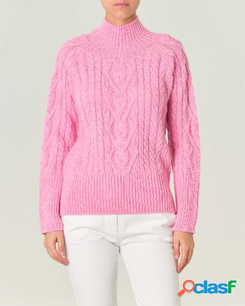 Lupetto rosa in misto lana a trecce con polsini e fondo alti