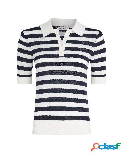 Maglia bianca a righe blu in misto cotone a maniche corte