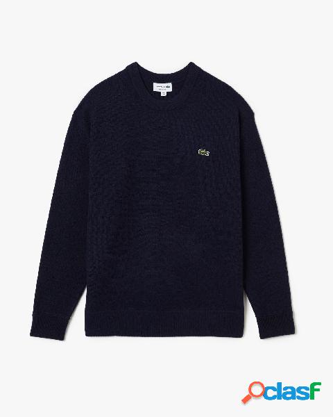 Maglia blu girocollo in pura lana micro armatura con