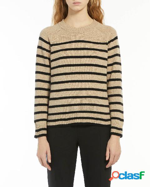 Maglia color cammello a righe nere jacquard in cachmere e