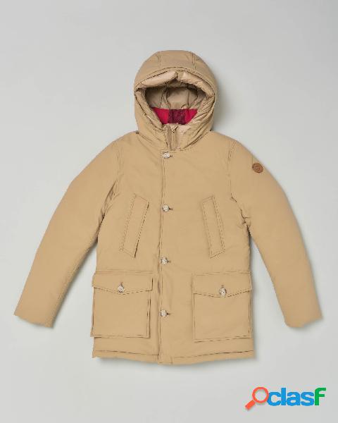 Parka beige con interno foderato buffalo check e cappuccio