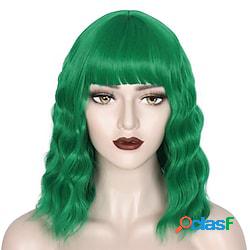 Parrucca verde con frangia corta ondulata lunga fino alle
