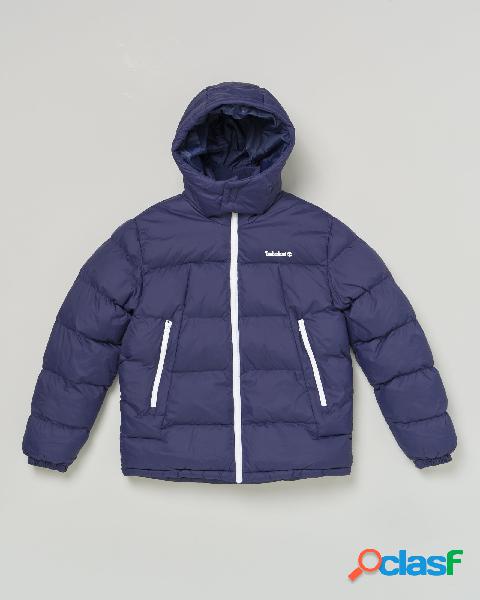 Piumino blu in nylon imbottito e trapuntato con cappuccio