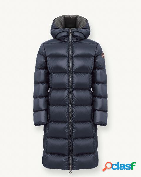 Piumino lungo blu con cappuccio fisso e chiusura zip 12-14
