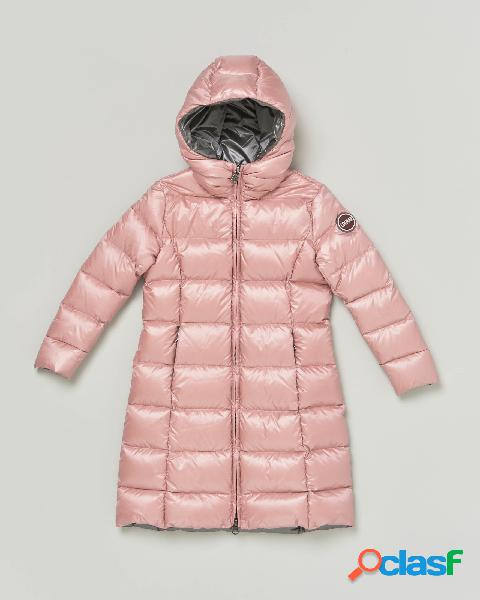 Piumino lungo rosa con cappuccio fisso e chiusura zip 4-6