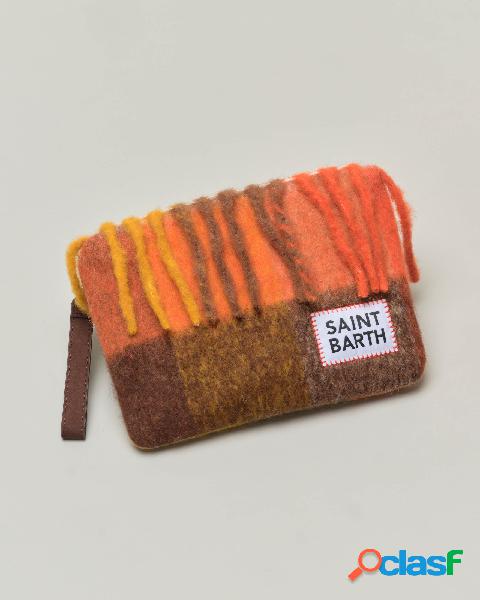 Pochette arancione in misto lana cotta a fantasia check