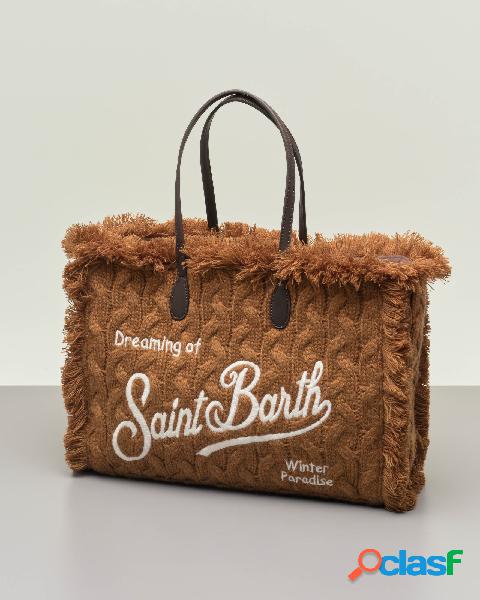Shopping bag color cammello in tessuto effetto lana a trecce