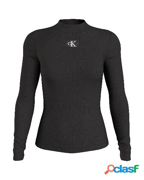 T-shirt a maniche lunghe nera a collo alto in cotone stretch