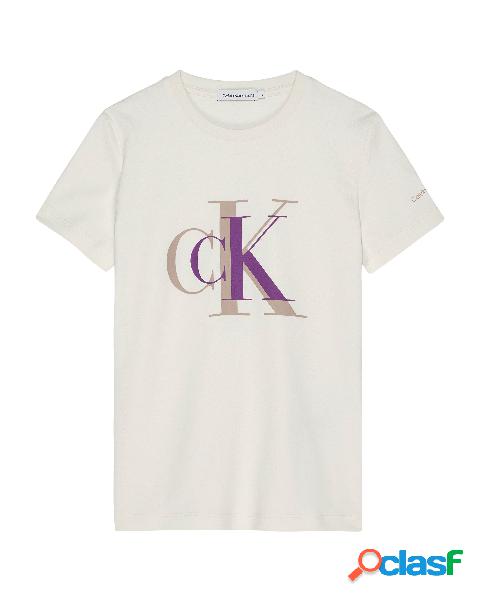 T-shirt bianca mezza manica in cotone con stampa doppio logo