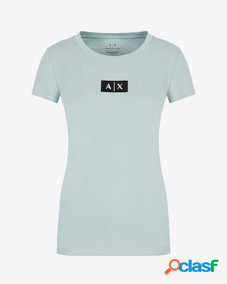 T-shirt color acqua in cotone a maniche corte con patch nero