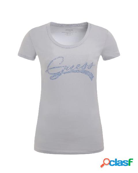 T-shirt girocollo azzurra in cotone stretch con maxi logo