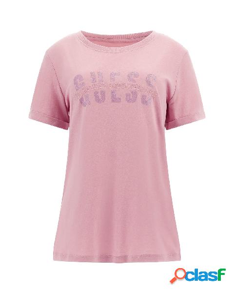 T-shirt oversize rosa antico in cotone con logo glitterato e