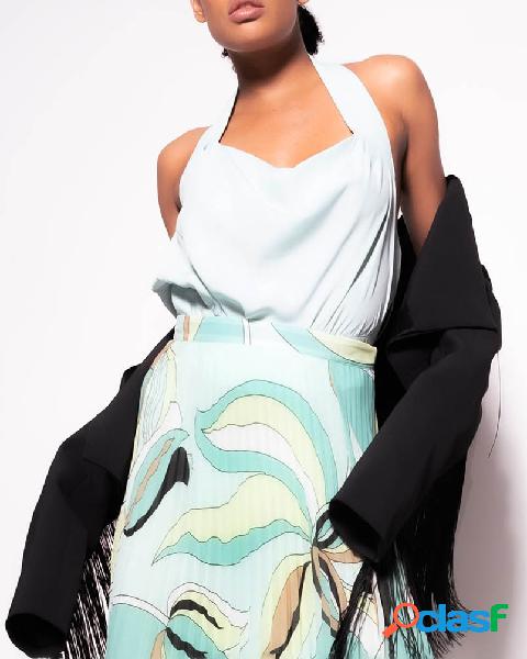 Top cropped color acqua in georgette di misto seta con