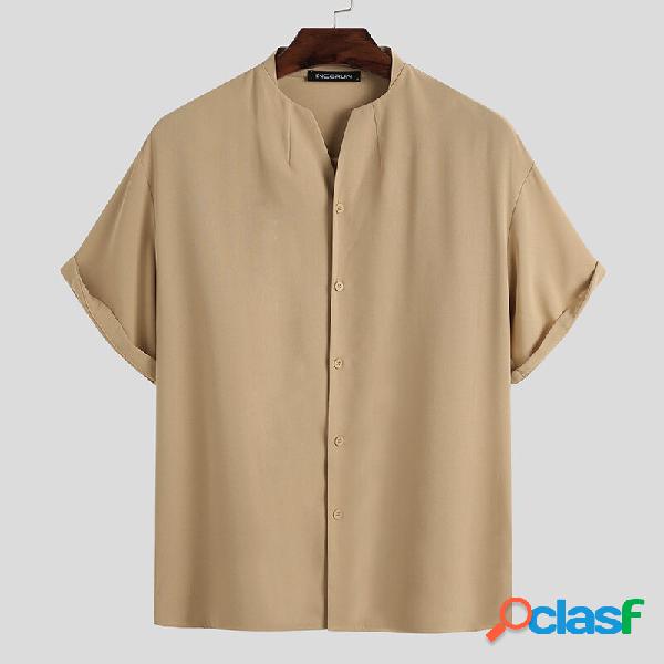 Uomo Solid Pulsanti Camicie casual traspiranti a maniche
