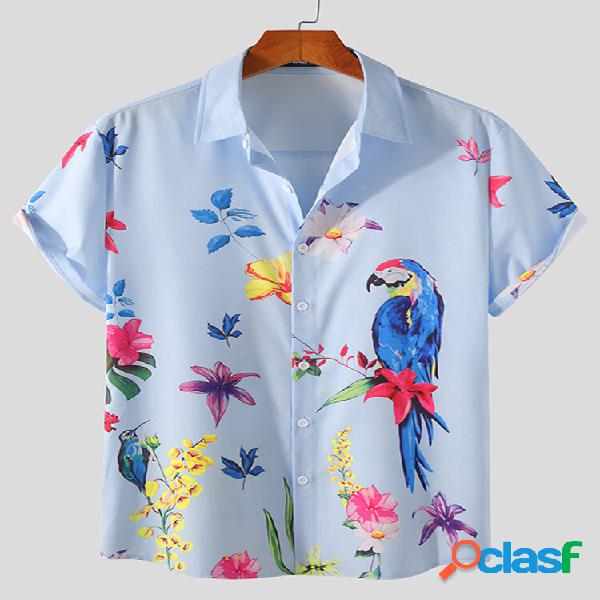 Uomo Uccelli e fiori Pulsanti Camicie casual traspiranti a