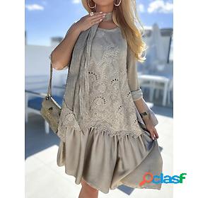 Womens Casual Dress Plain Lace Dress Loose Dress Crew Neck