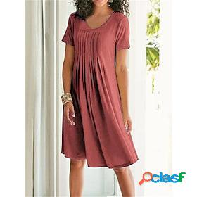 Womens Casual Dress Plain Loose Dress Pleated Dress Crew