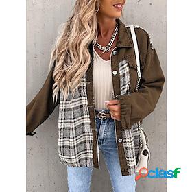 Womens Shacket Black White Blue Button Print Plaid Casual