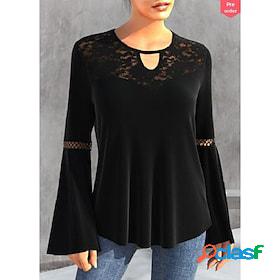 Womens Shirt Blouse Black Blue Lace Plain Casual Long Sleeve