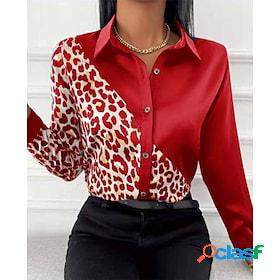 Womens Shirt Blouse Black Red Blue Button Print Leopard Work