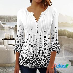 Womens Shirt Blouse T shirt Tee White Button Print Floral