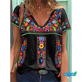 Womens T shirt Tee Black Blue Patchwork Print Graphic Floral