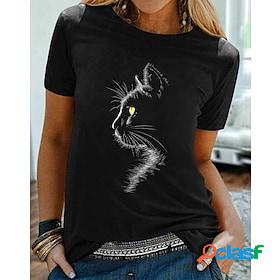 Women's T shirt Tee Black Print Graphic Cat Daily Weekend