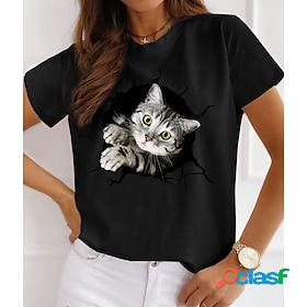 Women's T shirt Tee Black White Print Cat 3D Casual Weekend