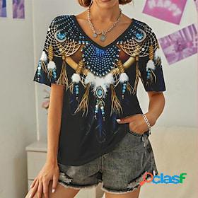 Women's T shirt Tee Black Yellow Blue Print Feather Daily