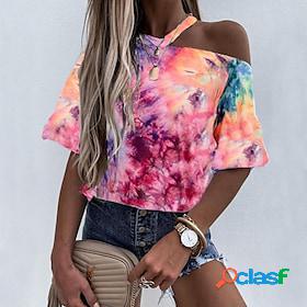 Womens T shirt Tee Light Blue Iridescent Pink Cut Out Print