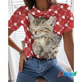 Womens T shirt Tee Red Print Cat Heart Daily Weekend Short