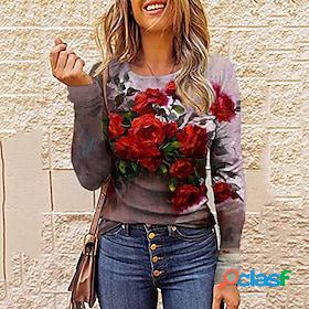 Womens T shirt Tee Red Print Floral Holiday Weekend Long