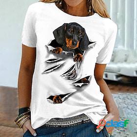 Women's T shirt Tee White Pink Blue Print Dog 3D Casual