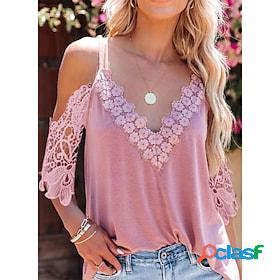 Womens T shirt Tee White Pink Lace Patchwork Plain Casual