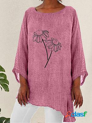 3/4 Sleeve Round Neck Linen Printed Long sleeve T-shirts