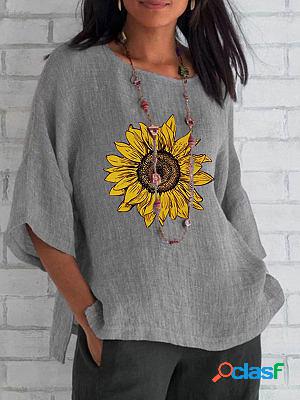 3/4 Sleeve Round Neck Linen Sunflower Print Long sleeve