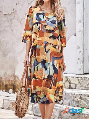 3/4 Sleeves Round Neck Printed Midi Dress