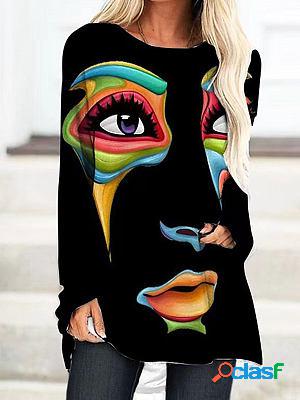 3D Abstract Face Print Round Neck Long Sleeve T-Shirt
