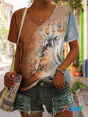 3d Plum Blossom Printed V-neck Casual Short-sleeved T-shirt