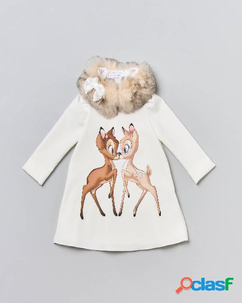 Abito bianco lungo con stampa Bambi e colletto in eco
