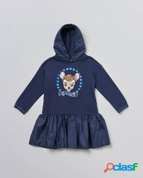 Abito blu in felpa con grafica Bambi e strass con cappuccio