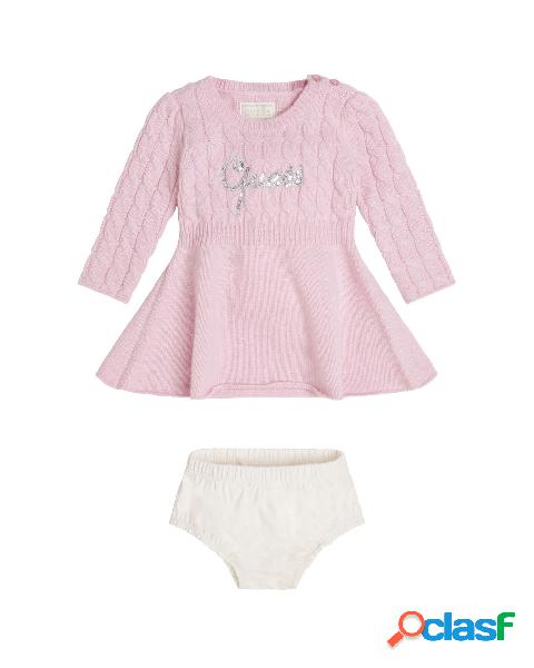 Abito fit and flare rosa in misto lana a trecce con logo in
