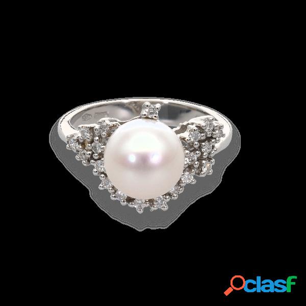 Anello in oro bianco 18kt con perla e diamanti - 1