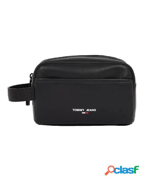 Beauty case nero in misto pelle con logo frontale e manico a
