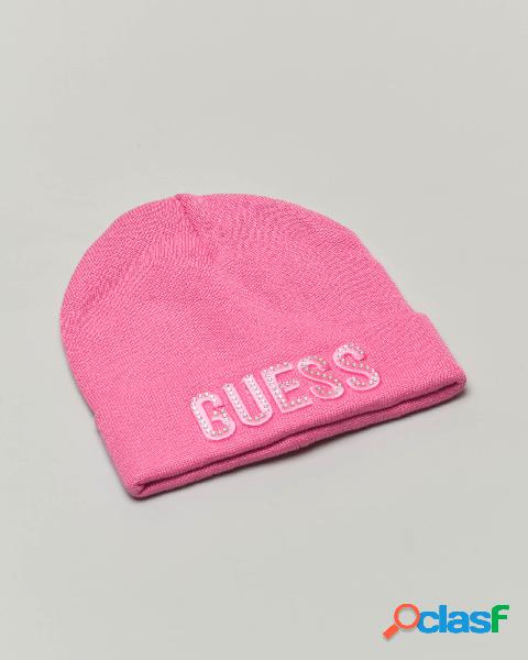 Berretto fucsia con risvolto e scritta logo con strass M-L