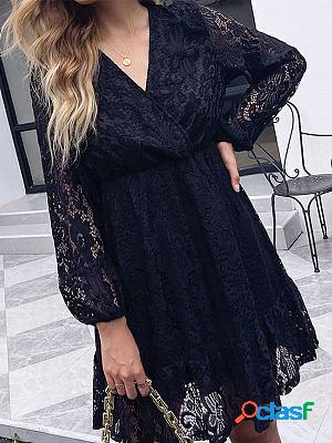 Black Lace High Waist Long Sleeve Shift Dresses