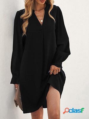 Black Long Sleeves V Neck Solid Loose Short Dress
